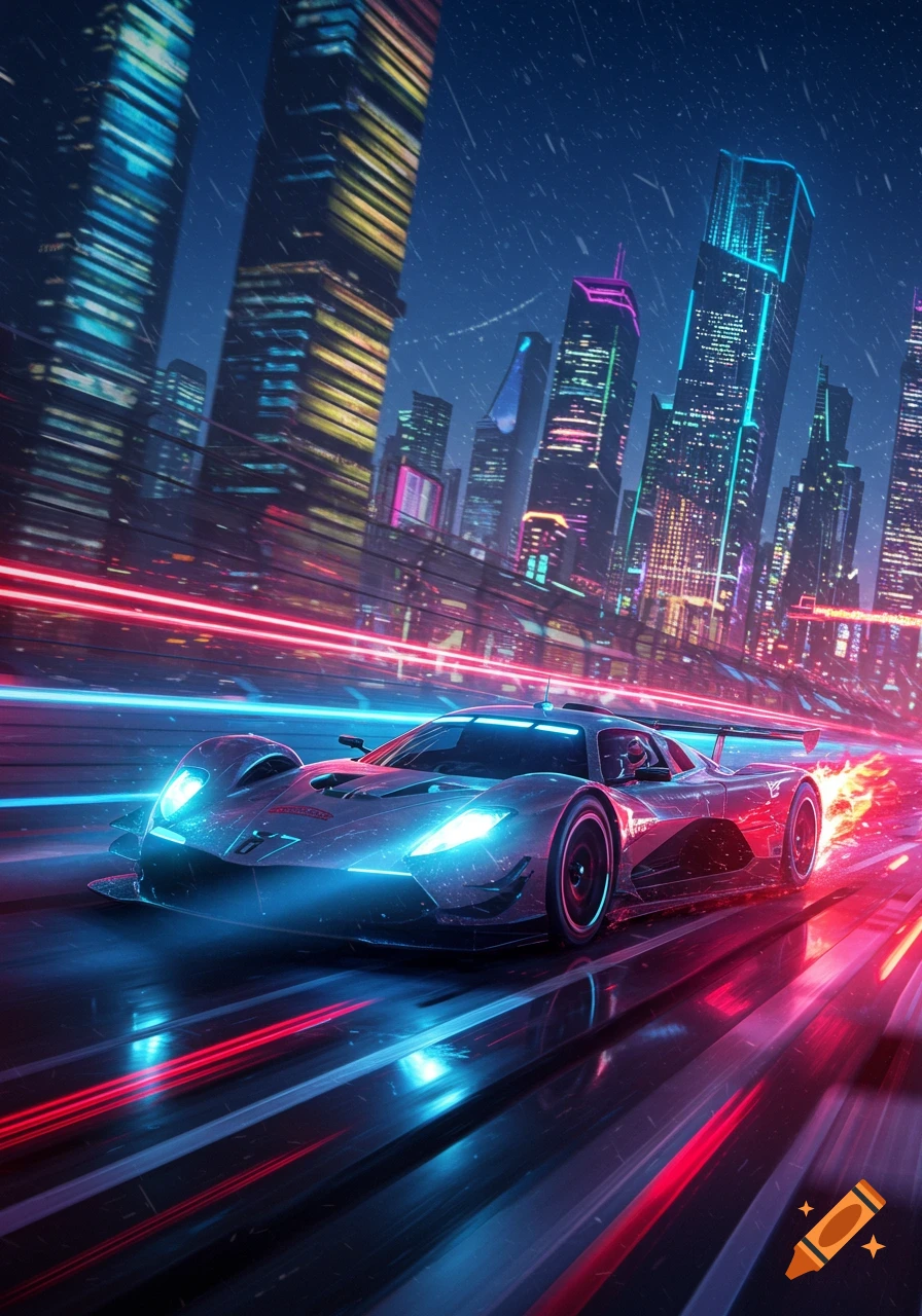 A futuristic race car speeds through a neon-lit cyberpunk city at night, leaving light trails.