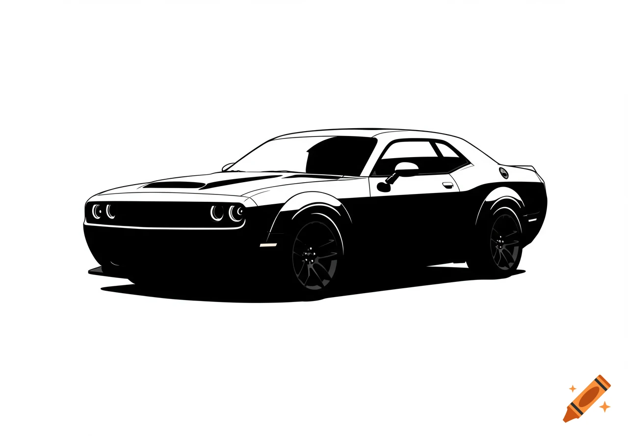 Black and white silhouette of a 2020 Dodge Challenger viewed from the side.