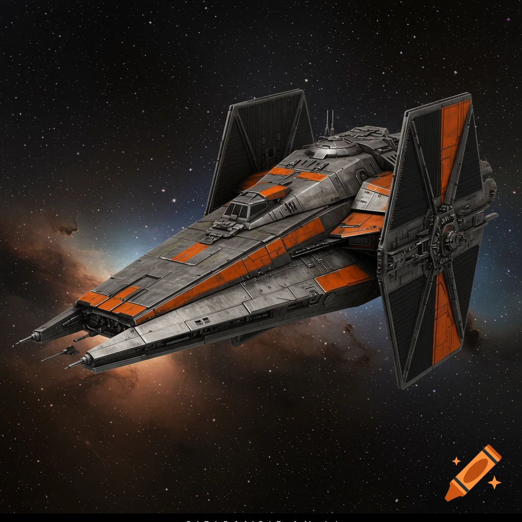 Detailed grey and orange sci-fi spaceship resembling TIE fighters, soaring through star-filled space with a distant nebula, in concept art style.