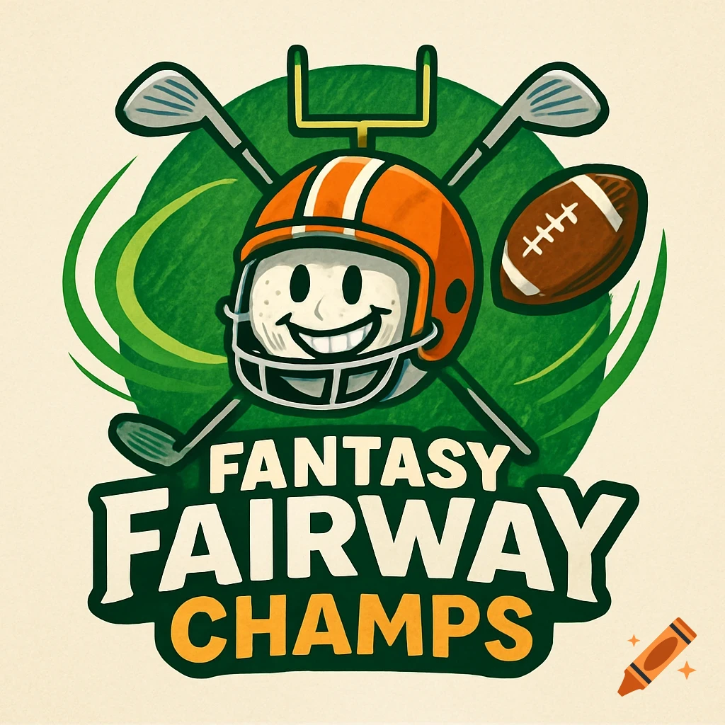 A cartoon logo of a smiling golf ball in a football helmet, with golf clubs, a football, and text 'FANTASY FAIRWAY CHAMPS'.