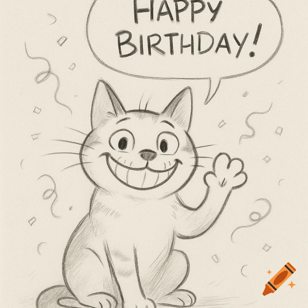 A cheerful cartoon sketch of a cat with a wide grin waving, saying 'HAPPY BIRTHDAY!' in a speech bubble, with confetti.