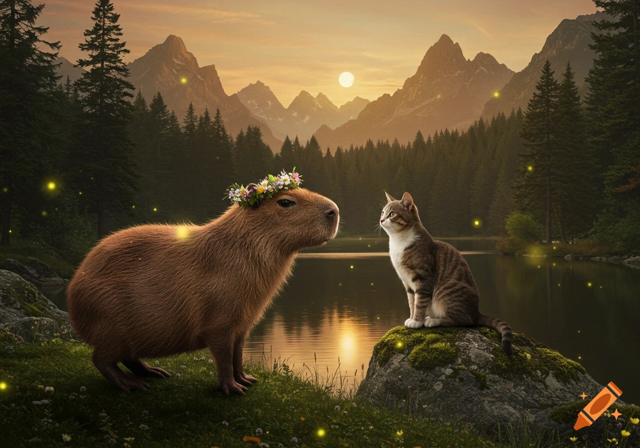 A capybara with a flower crown and a tabby cat sit by a tranquil mountain lake at sunset, with glowing specks of light.
