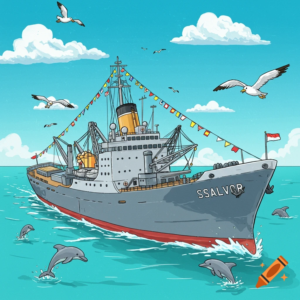 A cartoon drawing of a gray cargo ship named SSALVOR sailing on the blue ocean with dolphins jumping and seagulls flying under a cloudy sky.
