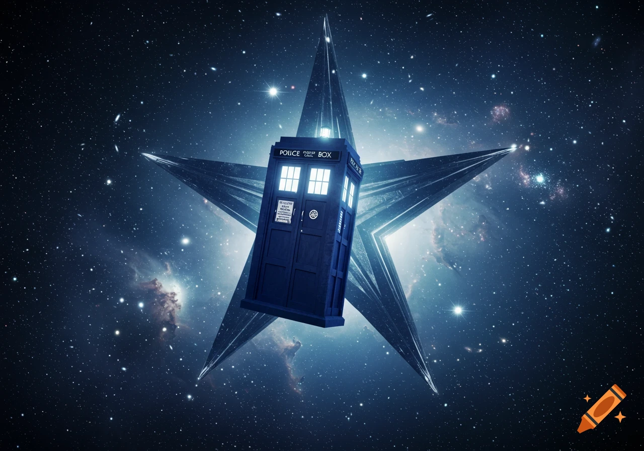 A blue TARDIS floats in deep space, centered within a glowing, geometric star shape, surrounded by stars and nebulae.