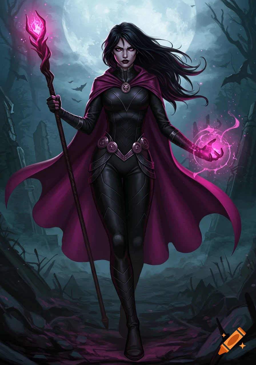 Dark-haired sorceress in black and purple costume, holding a glowing staff and casting a pink spell in a moonlit forest.