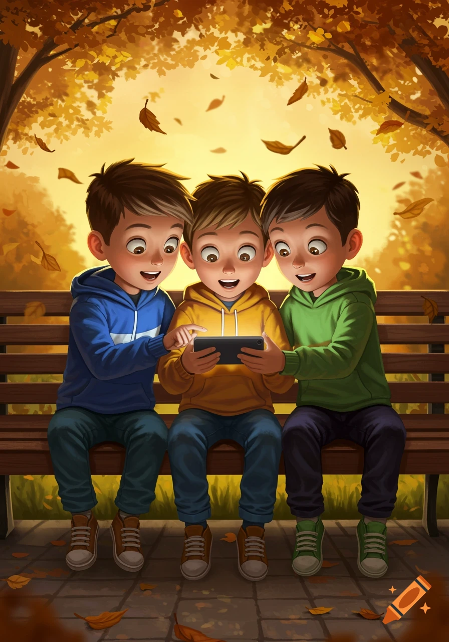 Illustrated image of three boys on a park bench, looking at a phone under autumn leaves and warm light.