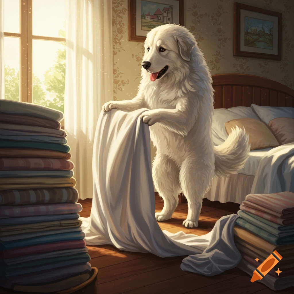 A Great Pyrenees dog on its hind legs holds a white bedsheet in a sunlit bedroom next to folded laundry, in a painted style.