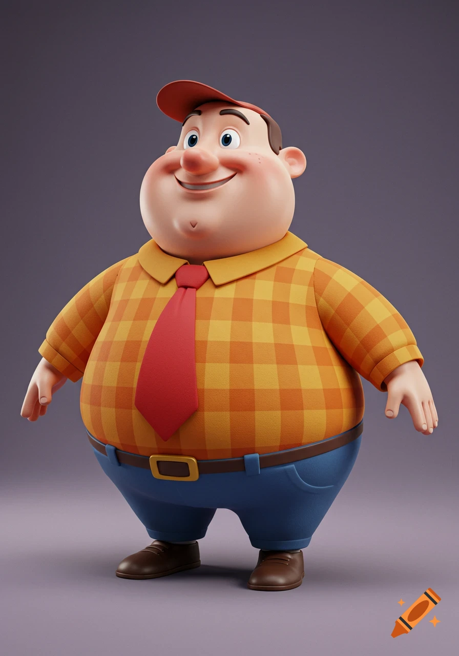 A smiling, plump cartoon man with a red baseball cap, yellow plaid shirt, red tie, and blue pants stands in a T-pose.