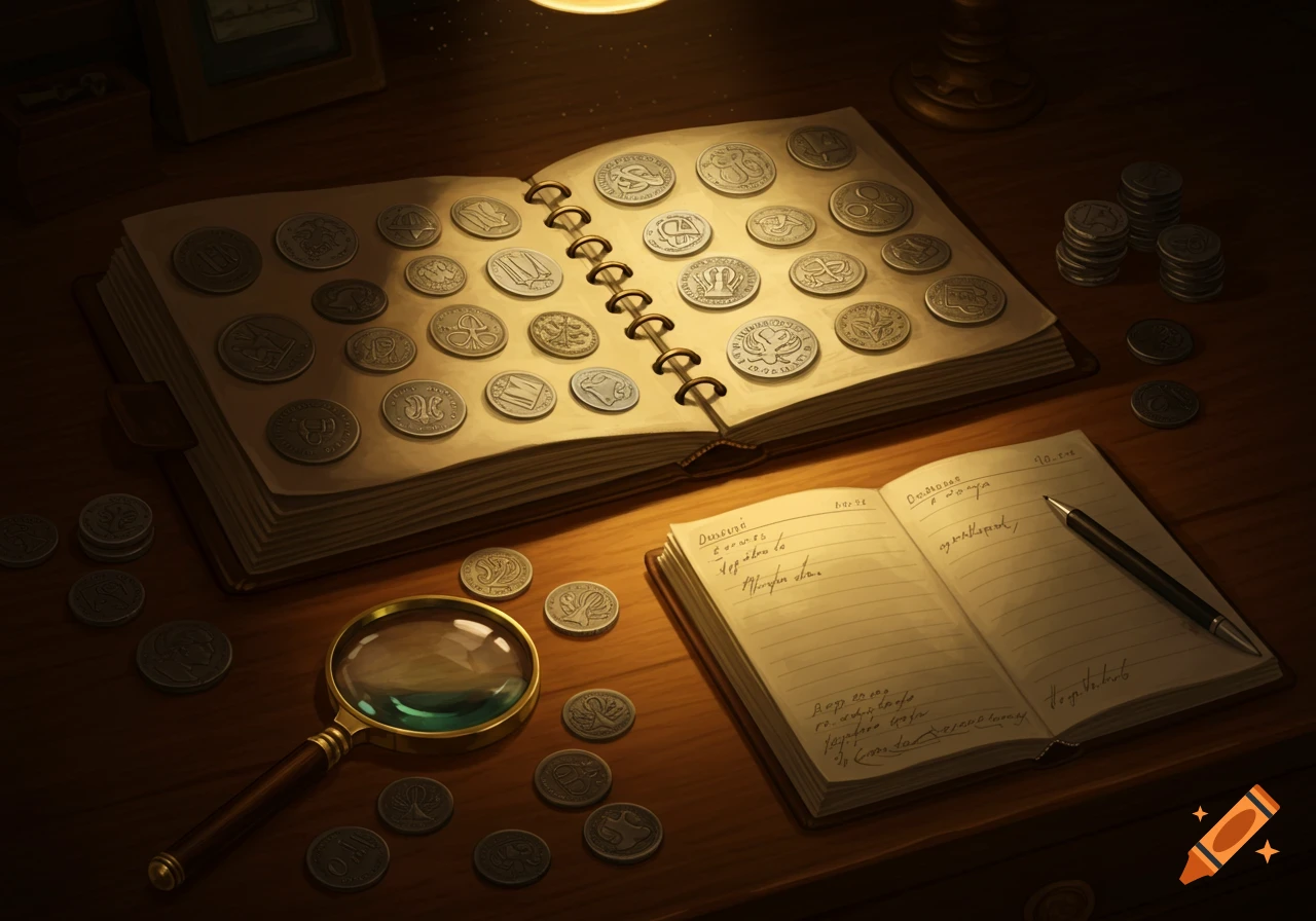 A cozy wooden desk with an open coin album, scattered coins, a magnifying glass, and a notebook, illuminated by warm light.