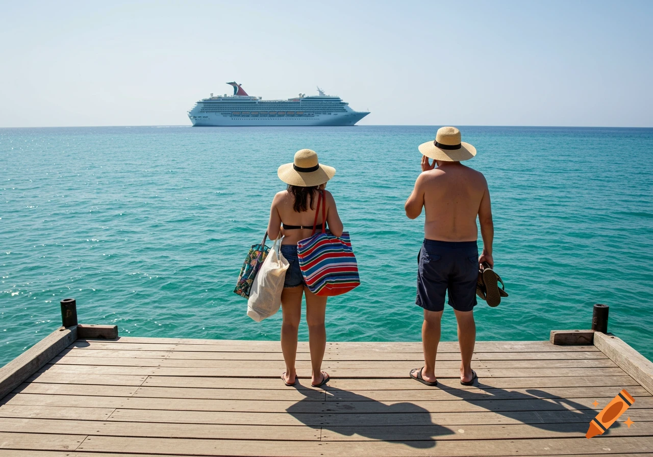 A photorealistic image from behind a couple in hats and swim attire on a wooden pier, looking out at a large cruise ship on the turquoise ocean.