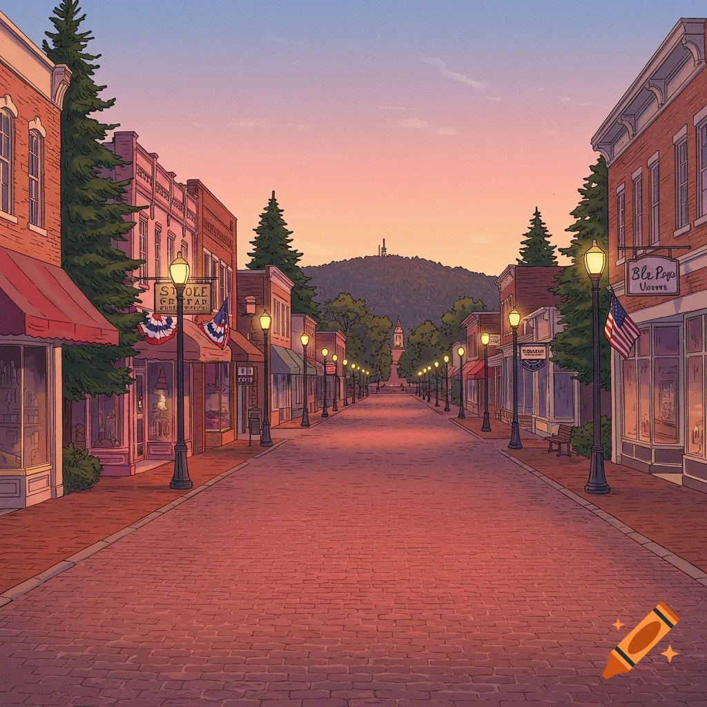 An illustrated main street in a small town at sunset, lined with brick buildings, streetlights, and trees, leading towards a mountain in the distance.