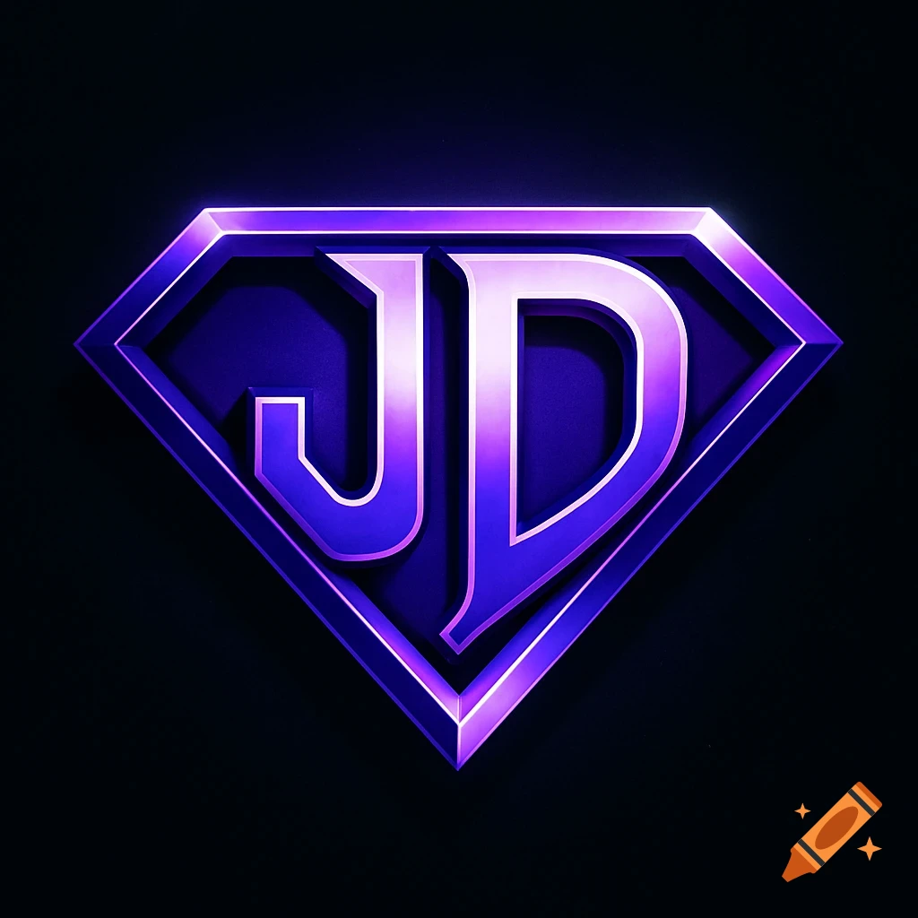 Purple and white metallic 'JD' logo in a diamond shape, reminiscent of Superman's emblem, glowing on a dark background.