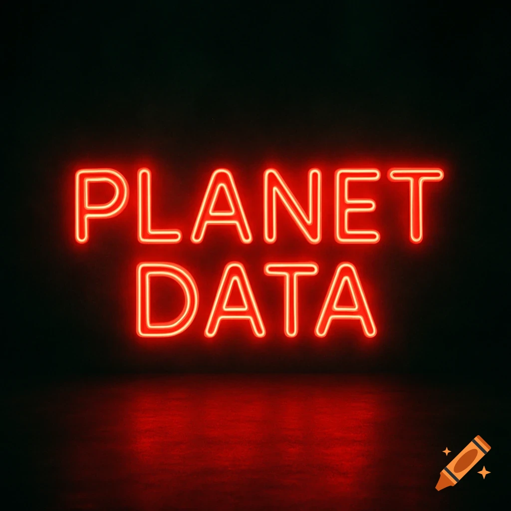 Red neon sign spelling 'PLANET DATA' against a dark background, with a reflection on the surface below.