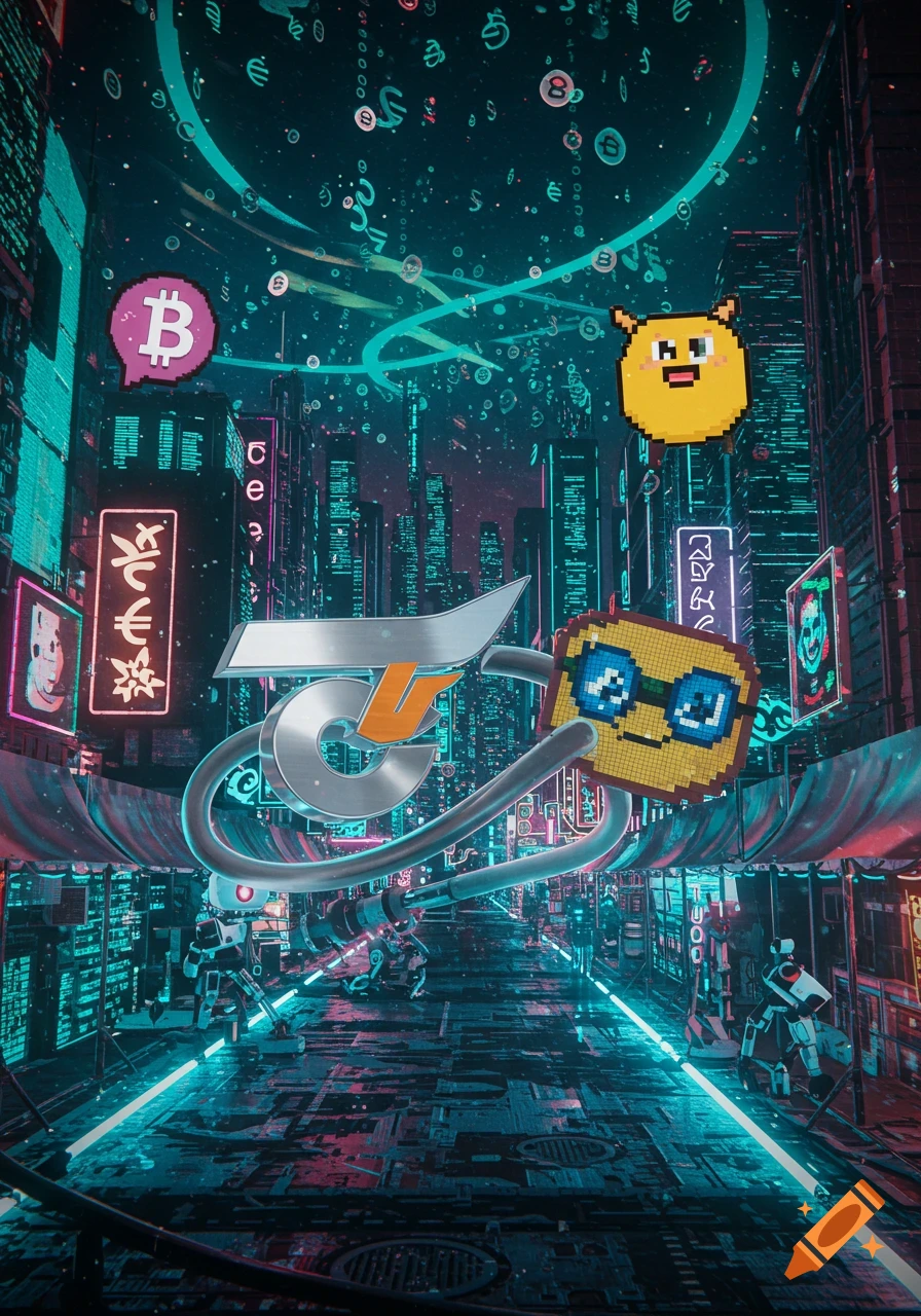 A vibrant cyberpunk city street scene with neon lights and flying pixel art characters, including a yellow creature, a goggle-wearing face, and a Bitcoin symbol, with a large metallic logo in the center.