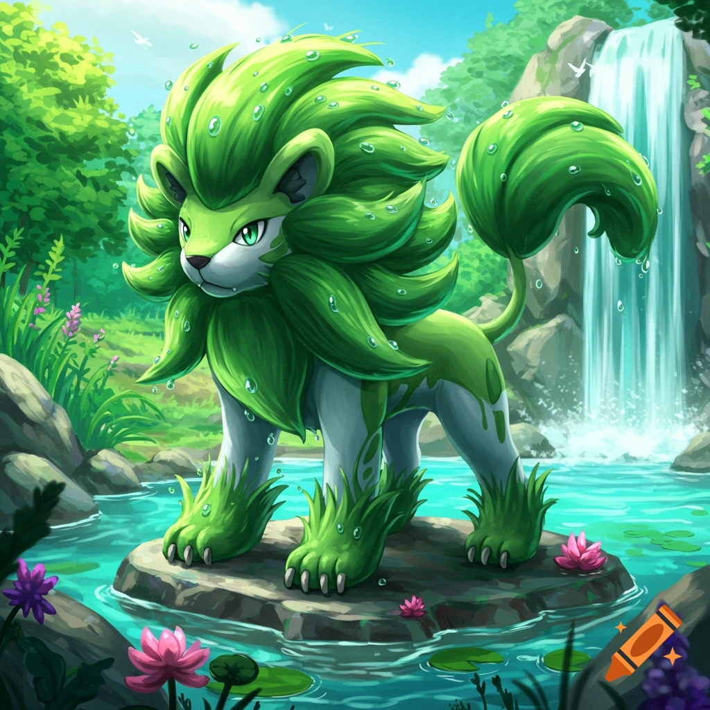 A green, leafy lion-like creature, resembling a Pok emon, stands on a rock in a pool with a waterfall behind it, in an anime style.