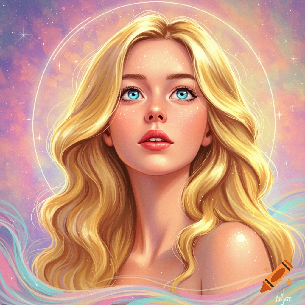 Stylized portrait of a blonde woman with blue eyes looking up, surrounded by a glowing halo and a sparkling, pastel-colored background.