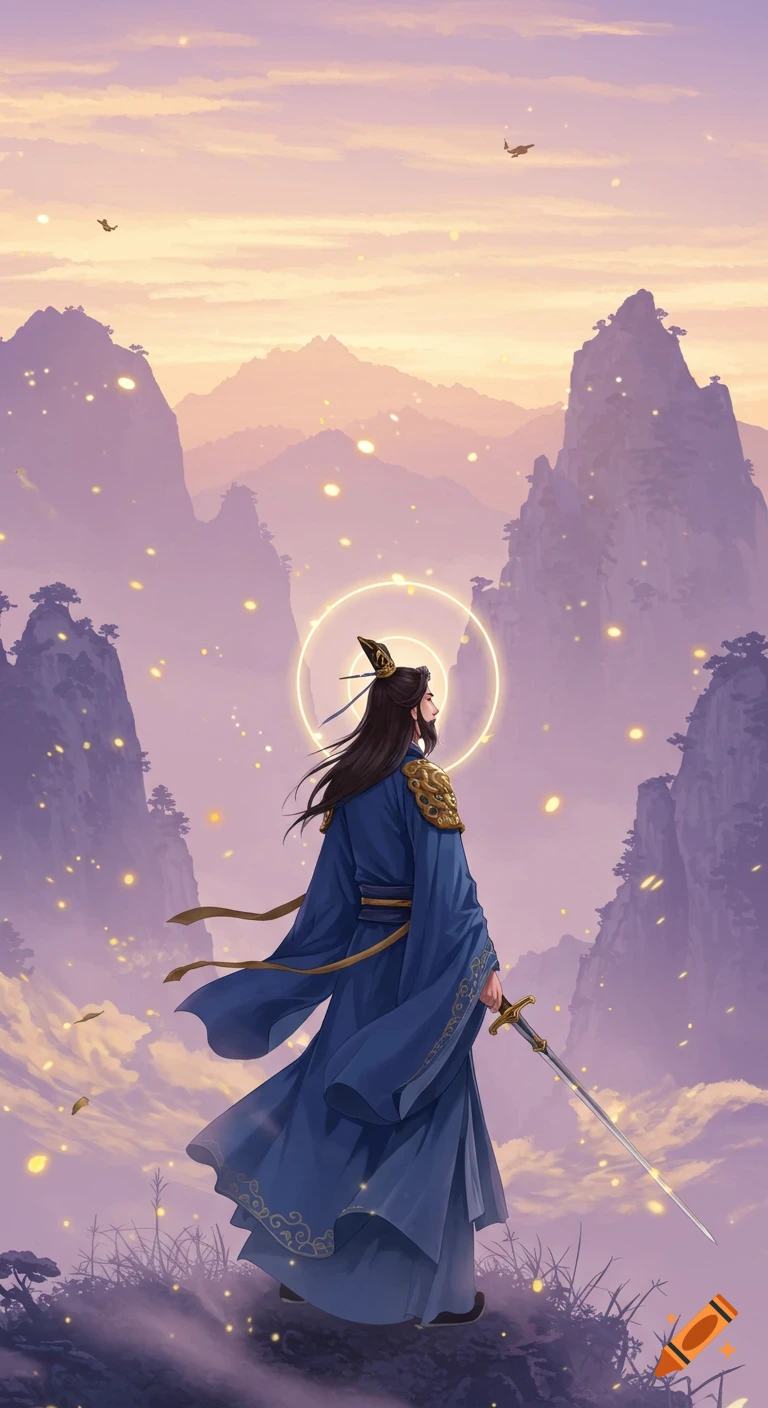 A digital art illustration of a noble Taoist knight in blue robes holding a sword on a misty mountain peak during sunset.