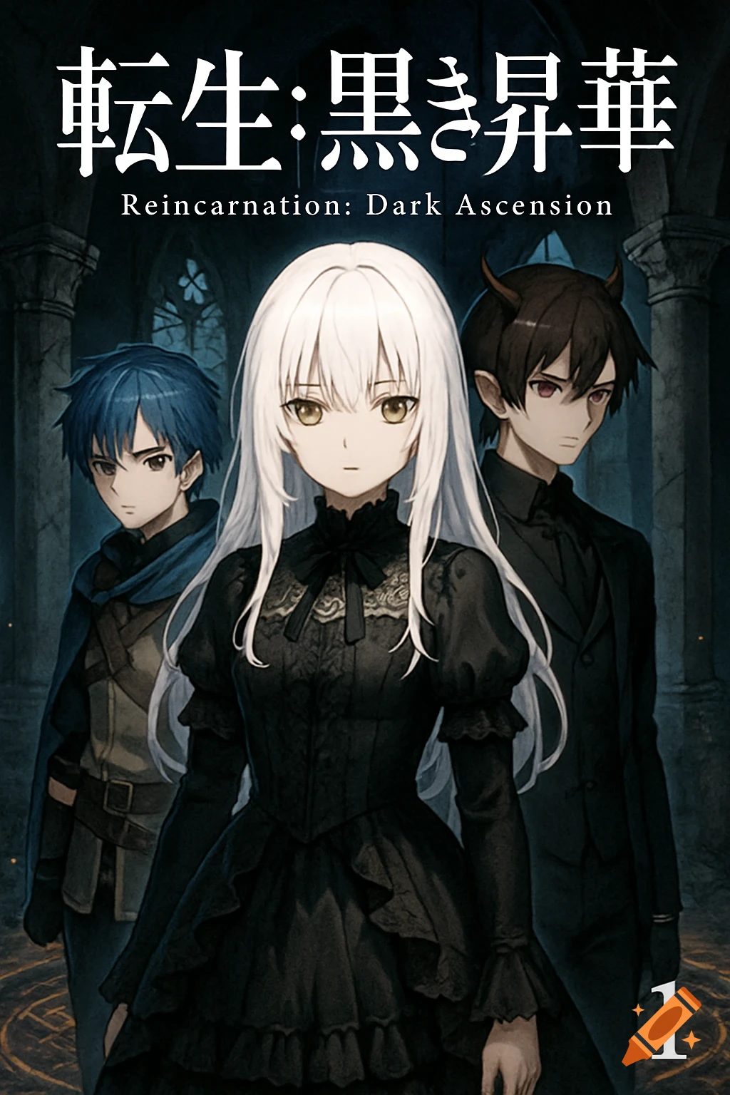 Anime-style light novel cover with a white-haired girl, blue-haired boy, and horned boy in a dark sanctuary. Text reads 'Reincarnation: Dark Ascension' and 'Volume 1'.