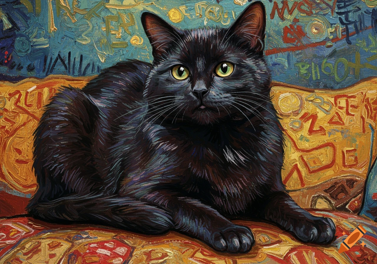 A black cat with green eyes sits on a patterned cushion in a vibrant painting style reminiscent of Van Gogh or Basquiat.