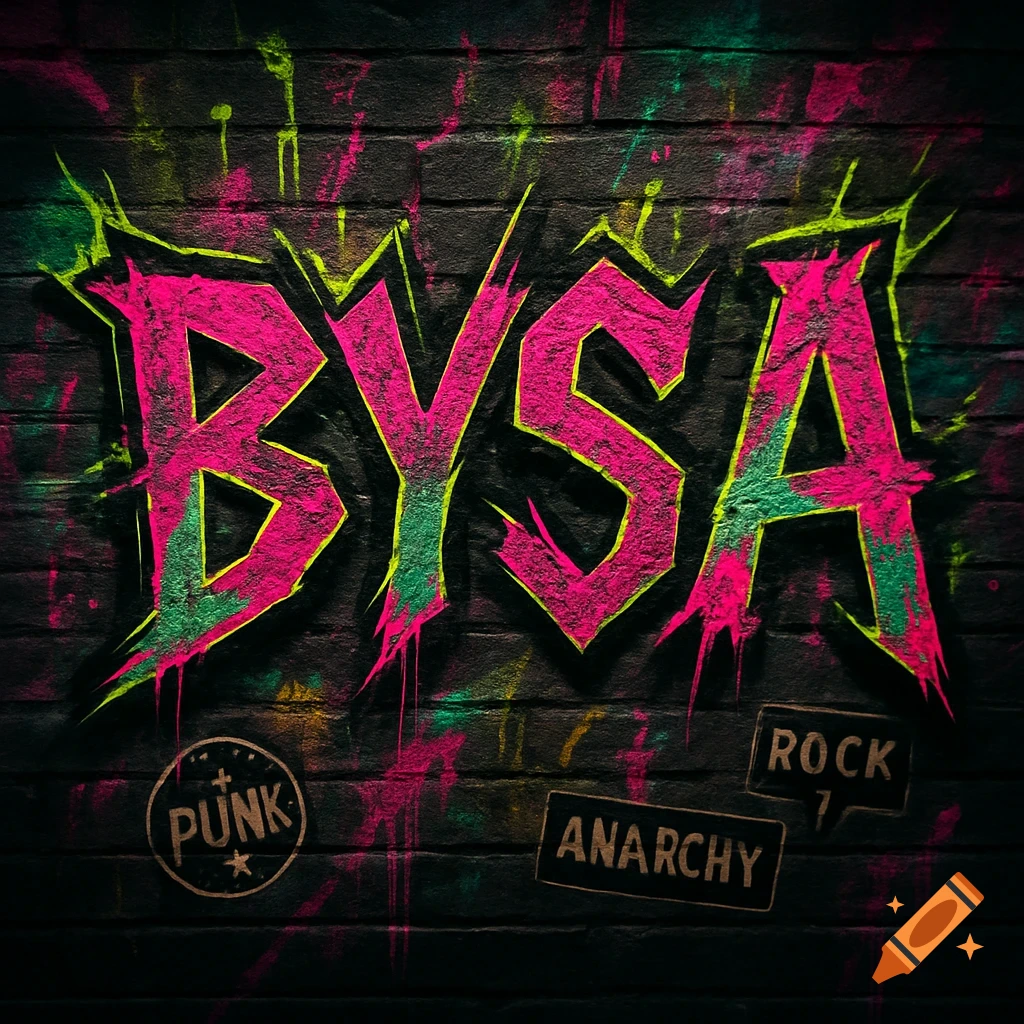 Neon pink and green graffiti spelling 'BYSA' on a dark brick wall, with paint splatters and labels 'PUNK', 'ANARCHY', 'ROCK'.