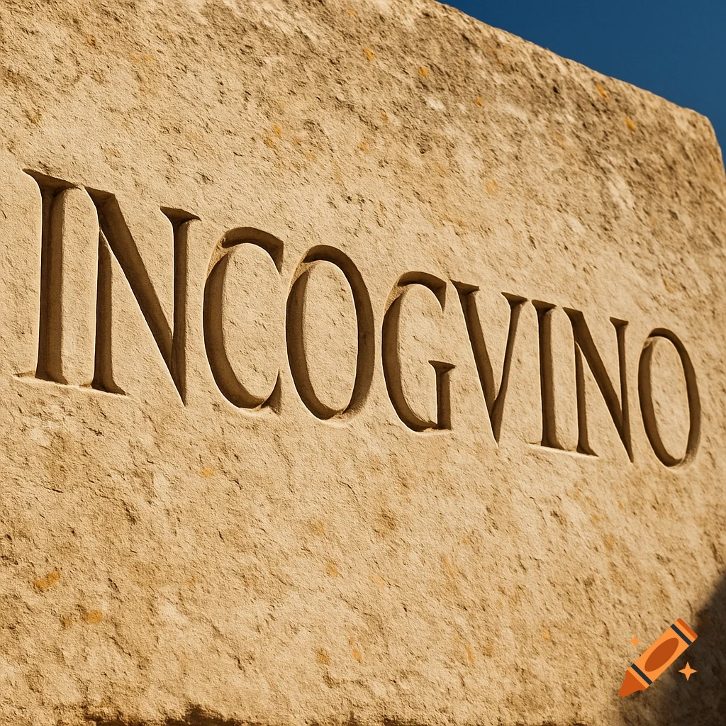 The word "INCOGVINO" carved in Roman style into a light-colored limestone block against a blue sky.