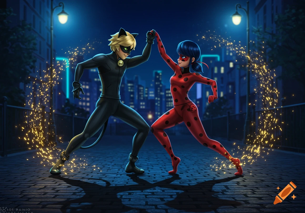 Ladybug and Chat Noir hold hands and strike a dance pose on a cobblestone street at night, illuminated by streetlights and shimmering golden light.