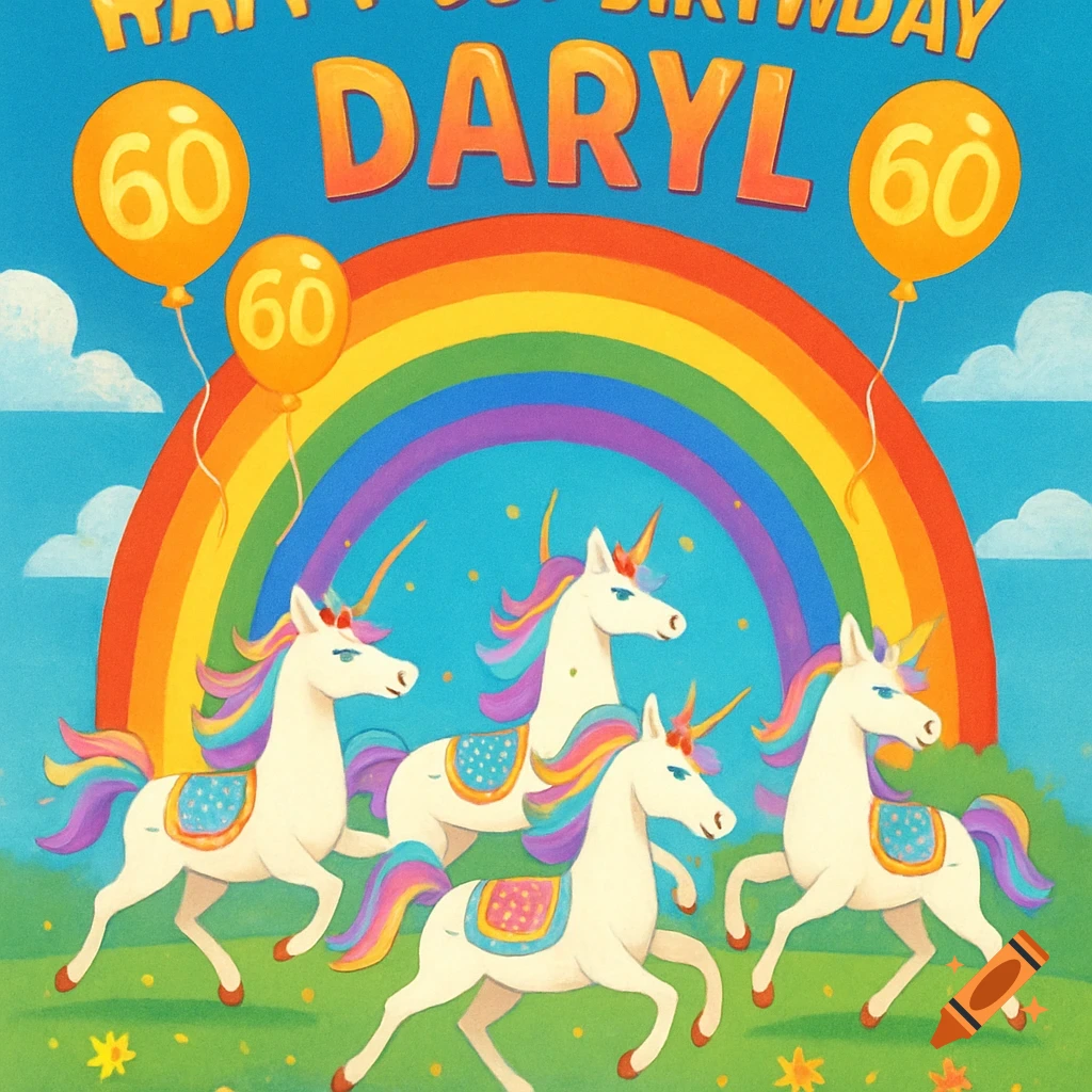 Vibrant birthday illustration with four white unicorns, a rainbow, green field, and orange balloons with '60'. Text says 'HAPPY BIRTHDAY DARYL'.