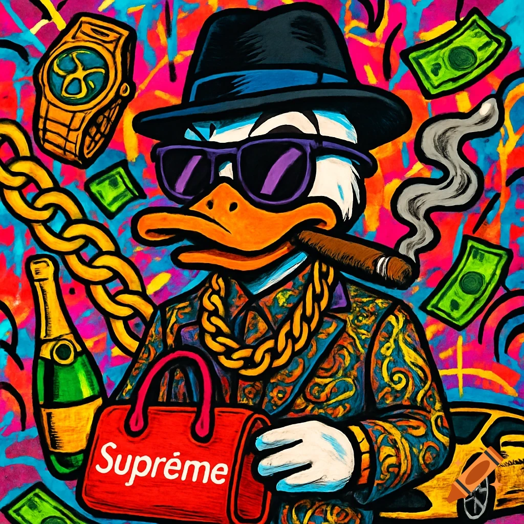 A pop-art illustration of a cartoon duck wearing a fedora, sunglasses, and a patterned suit, holding a red 'Supreme' bag and a cigar, surrounded by money, gold chains, and a vibrant, abstract background.