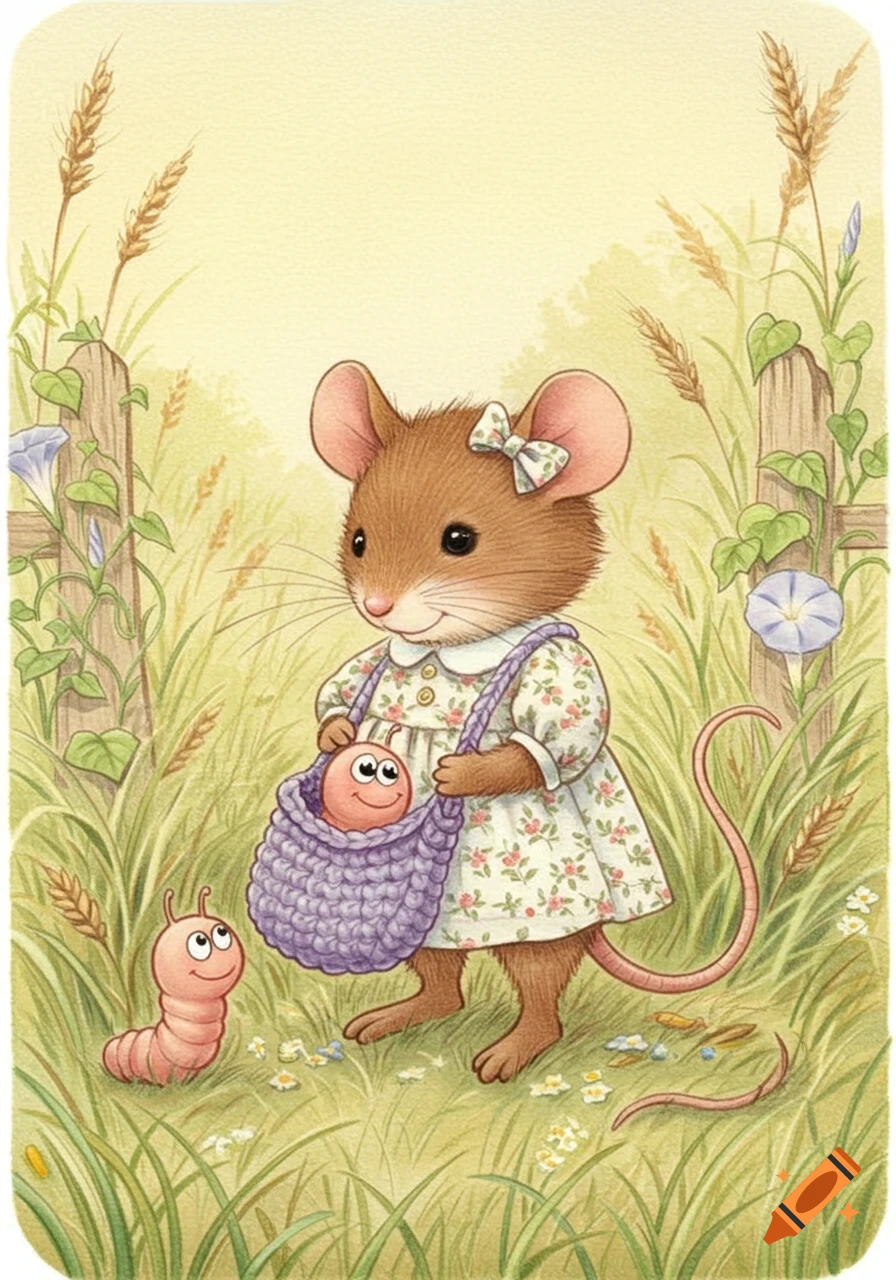 A cute country mouse in a floral dress with a bow on her ear stands in a grassy field, holding a woven bag with a pink worm inside, while another worm looks up from the ground.
