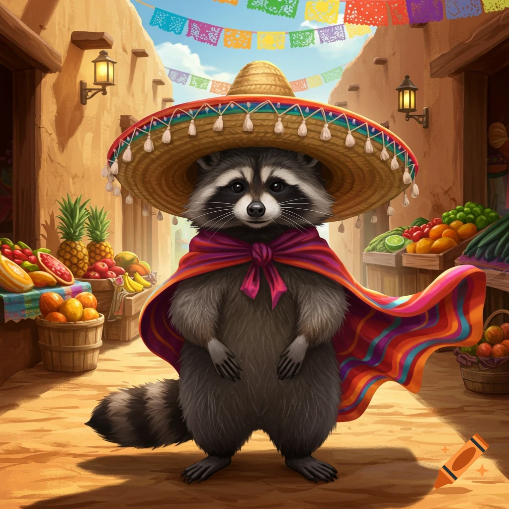 A cute cartoon raccoon wearing a sombrero and a colorful cape stands in a vibrant Mexican marketplace.