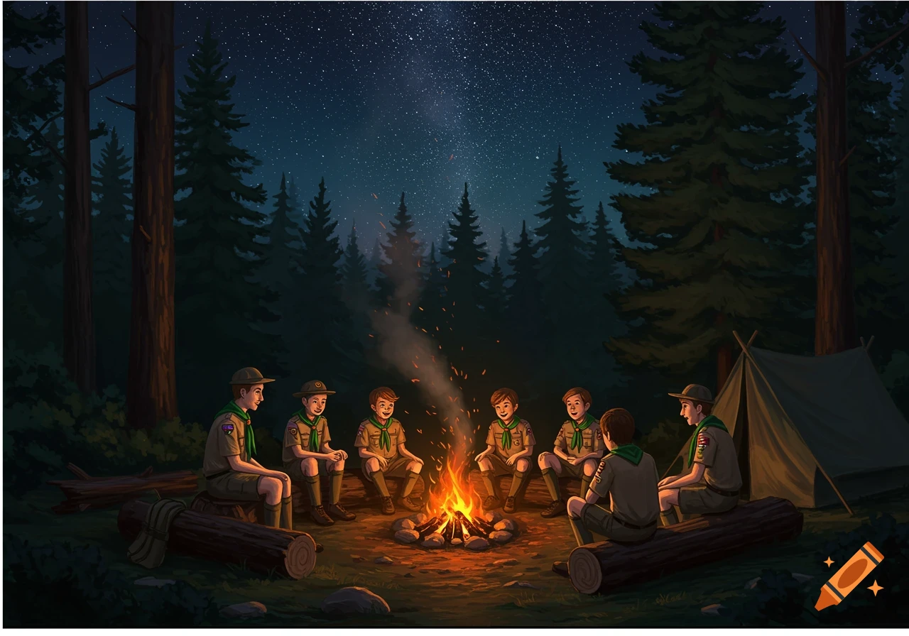 Boy Scouts sit around a roaring campfire at night in a forest with a tent nearby, under a starry sky. Illustrated style.