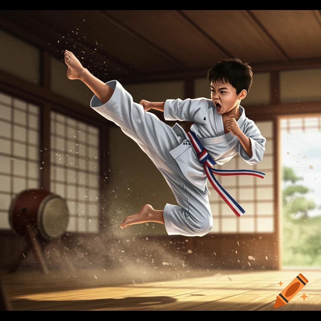 A young boy in a white karate gi and a red, white, and blue striped belt performs a powerful mid-air kick in a dojo.