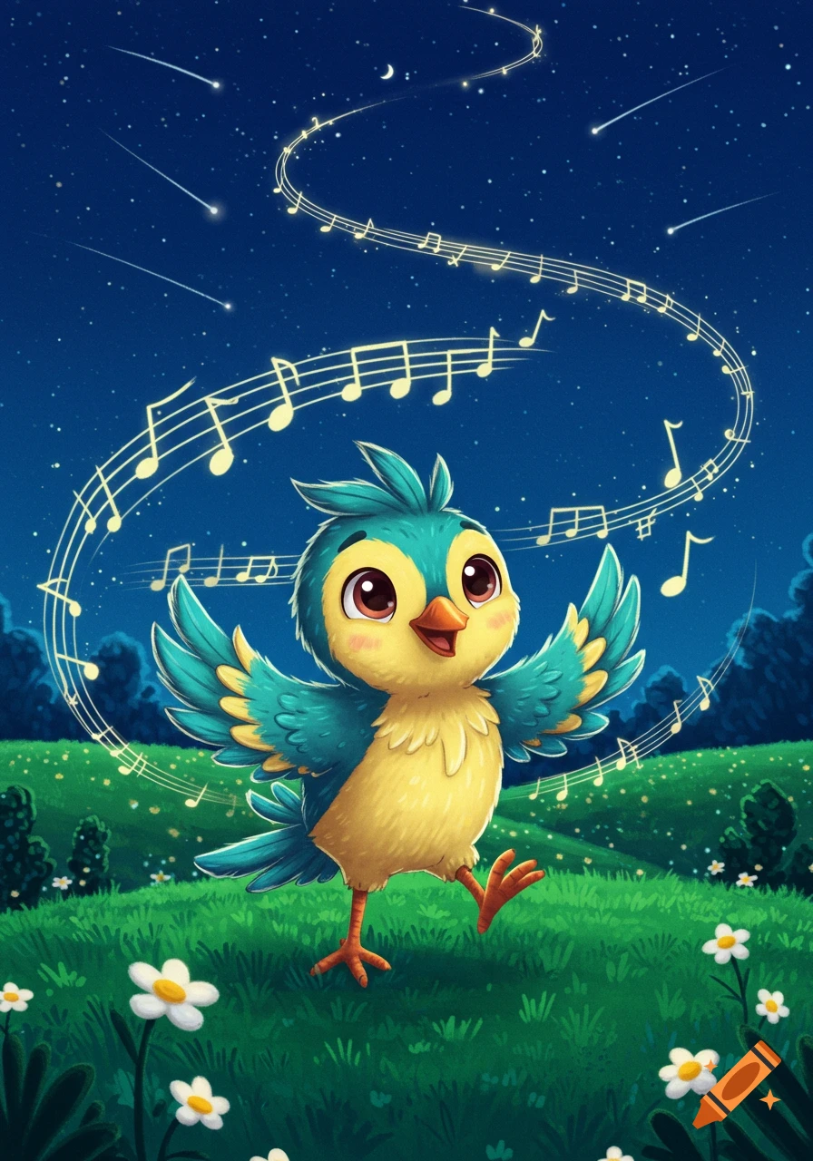 A cute cartoon bird sings in a grassy field at night, surrounded by floating musical notes under a starry sky.