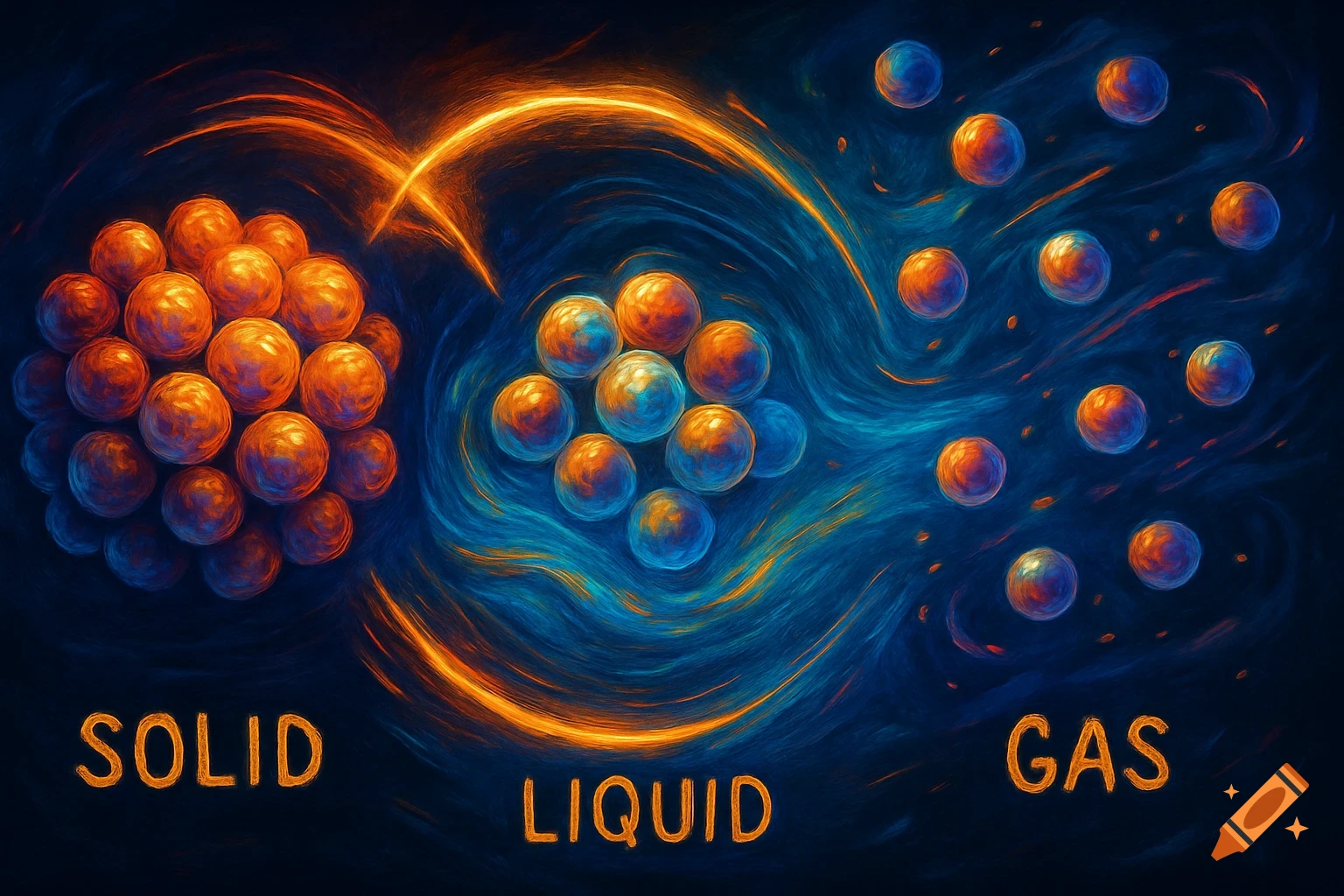 Abstract, painterly illustration showing orange and blue molecules representing solid, liquid, and gas states, labeled accordingly.