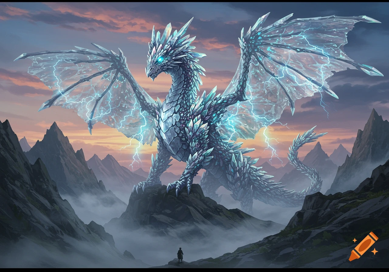 A giant ice crystal dragon with glowing blue eyes and lightning on its wings stands atop a mountain, overlooking a small person in a misty valley at sunset.