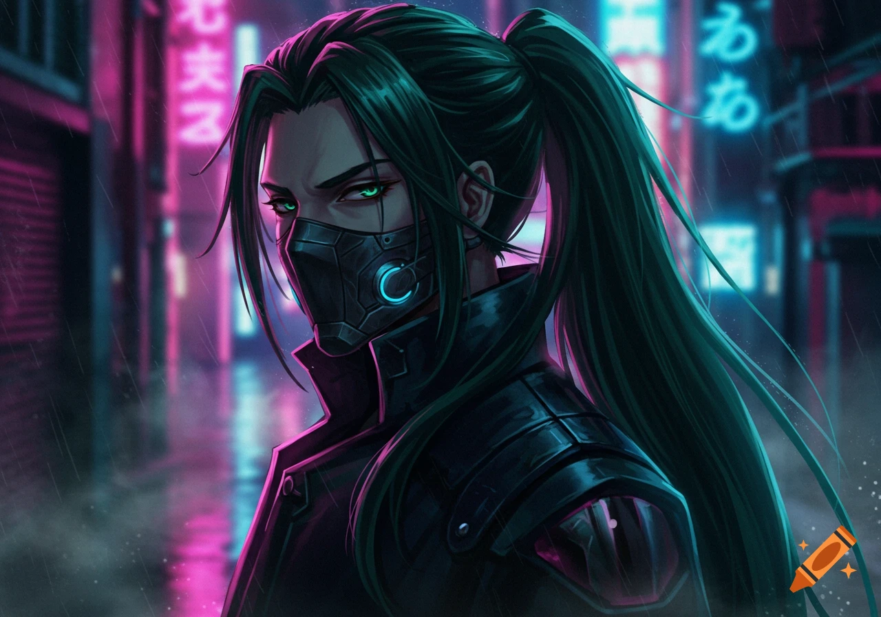 An anime character with dark green hair in a ponytail and a black facemask stands in a neon-lit cyberpunk city.