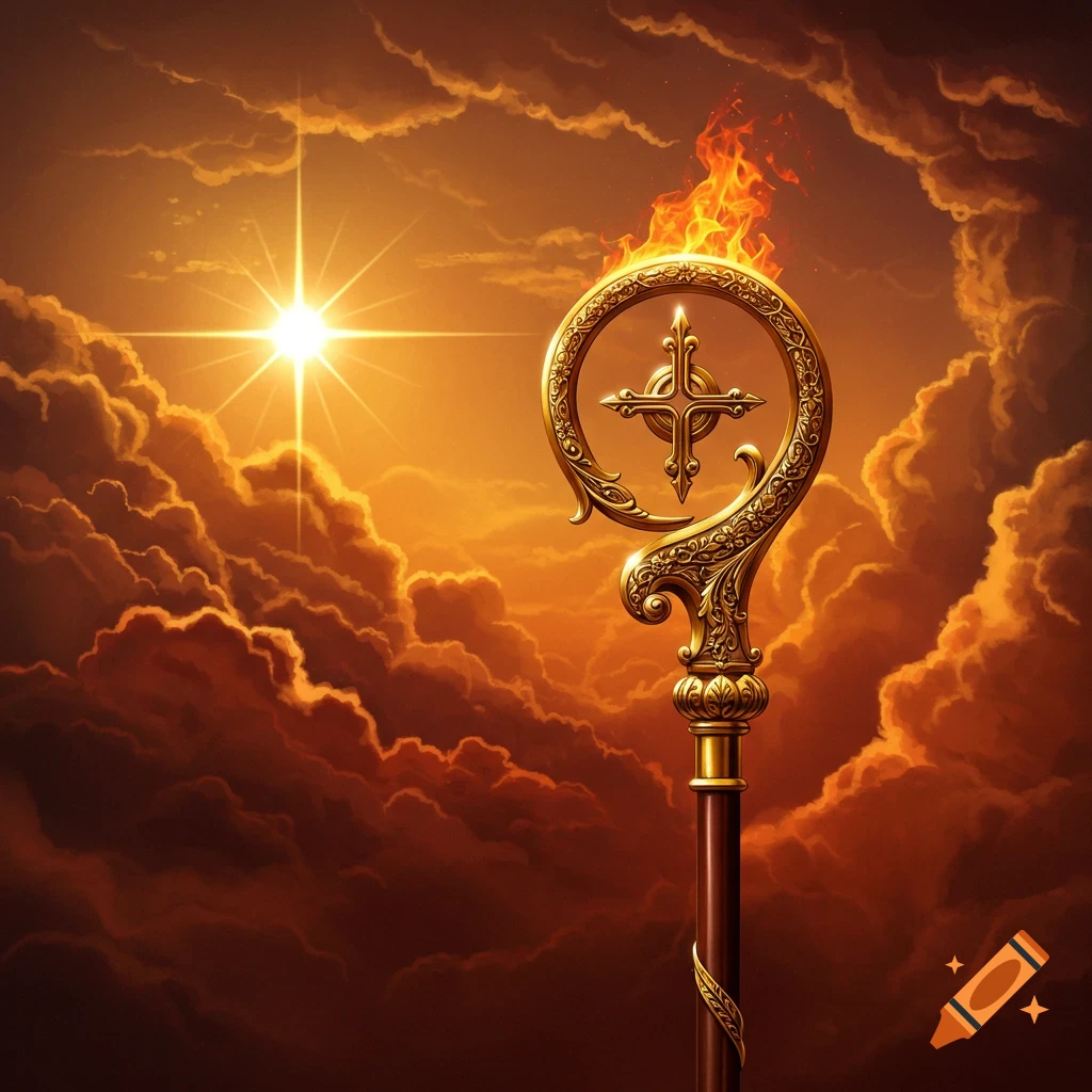 A golden crosier with flames and a cross in its loop, against a dramatic orange cloudy sky with a bright sun.