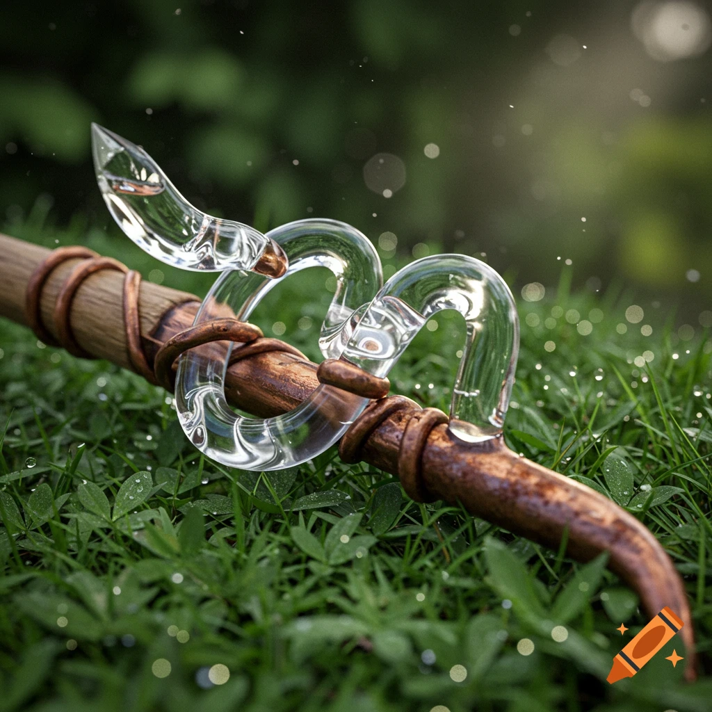 Photorealistic image of an artful gardening tool: a clear, twisted glass snake on a copper-wrapped stick, in dewy grass.