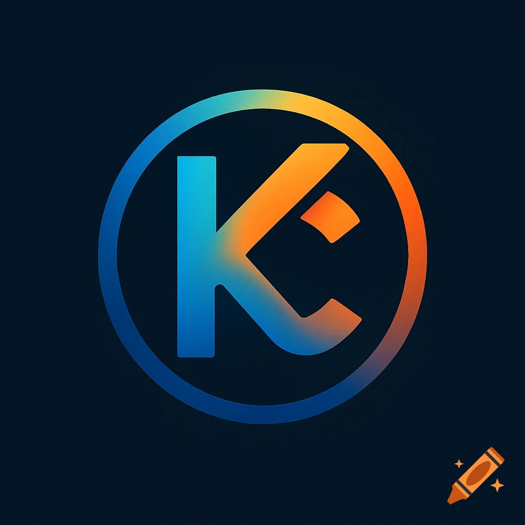 A stylized logo with a gradient "K" over a subtle circular "C" outline, on a dark background.