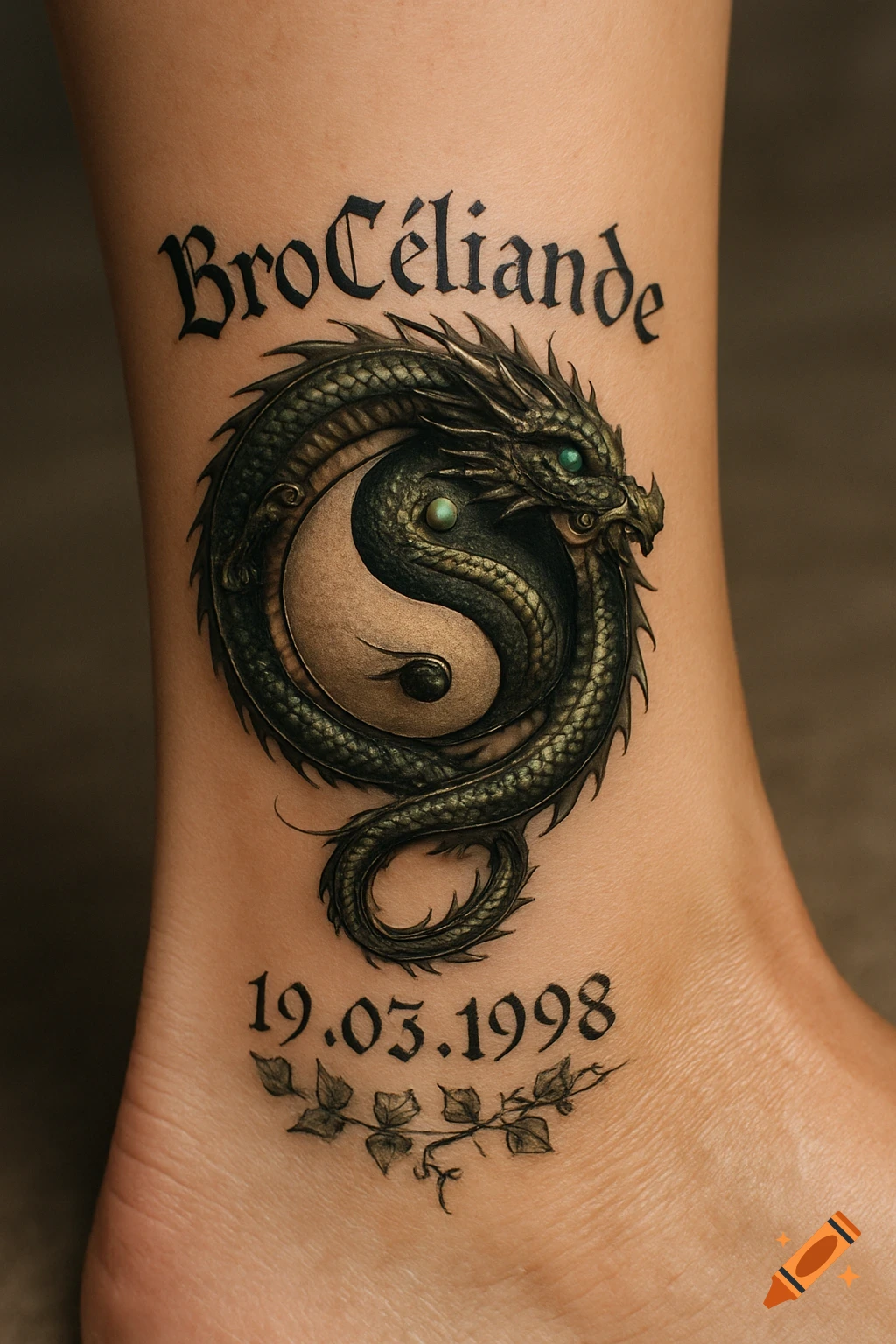 Detailed tattoo on an ankle featuring a green dragon encircling a yin-yang symbol, with 'BroCéliande' above and '19.03.1998' below.