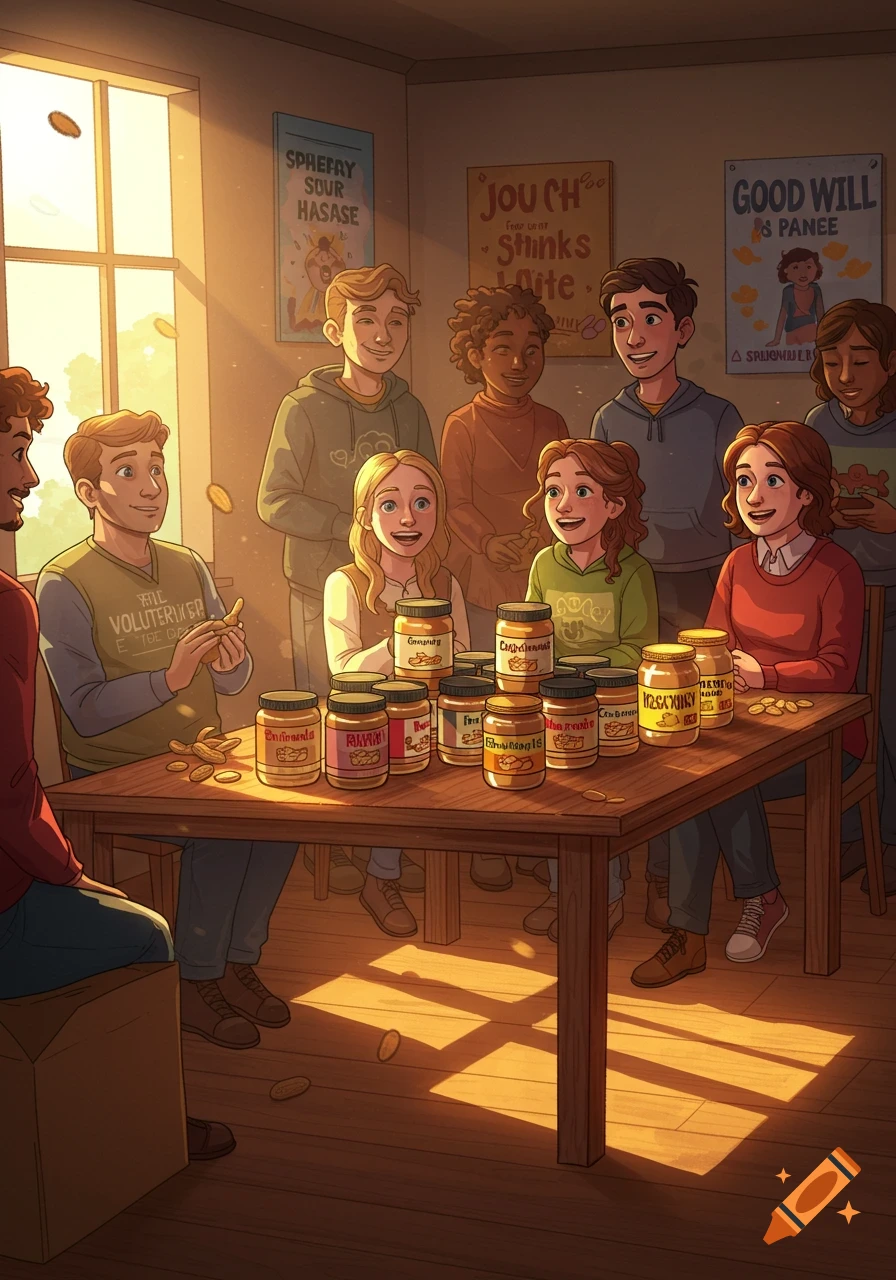 A group of young adults, some sitting and some standing, are gathered around a wooden table covered with many jars of what appears to be peanut butter and scattered peanuts, in a sunlit room.