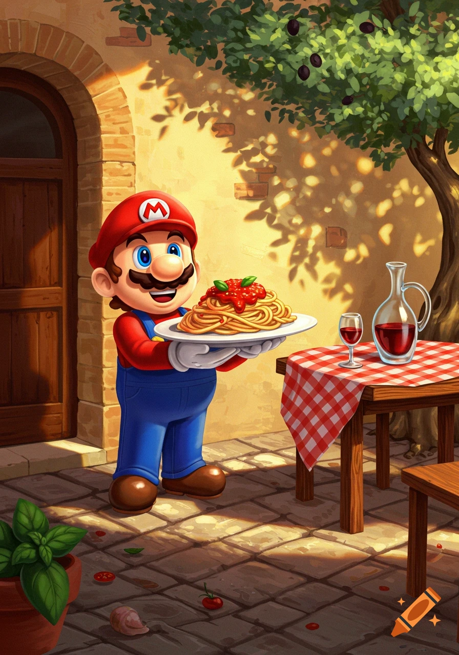 A friendly illustration of Mario smiling and holding a plate of spaghetti with red sauce and basil, outdoors by a rustic building.