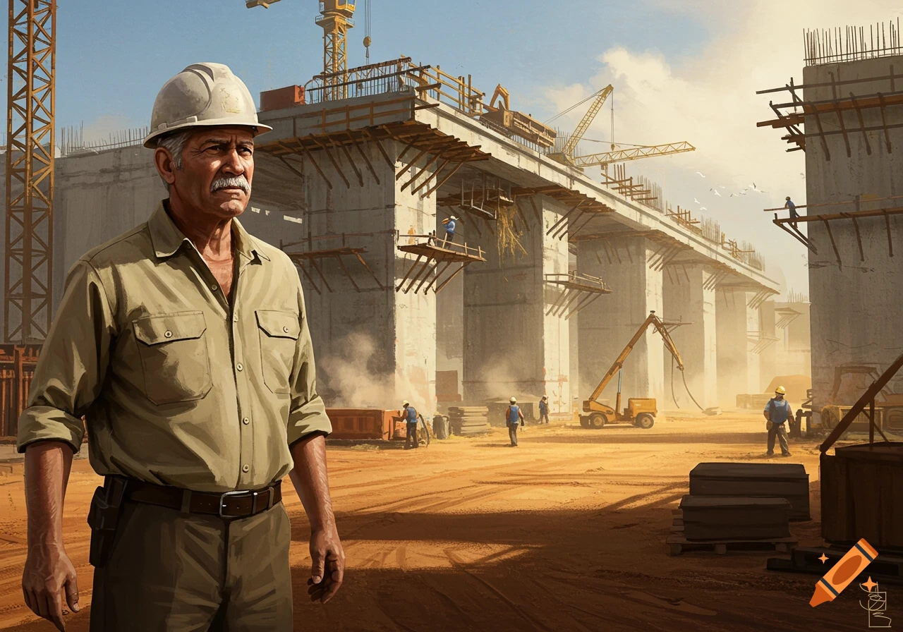 A man in a hard hat and khaki shirt stands at a construction site with large concrete structures, cranes, and workers in the background.