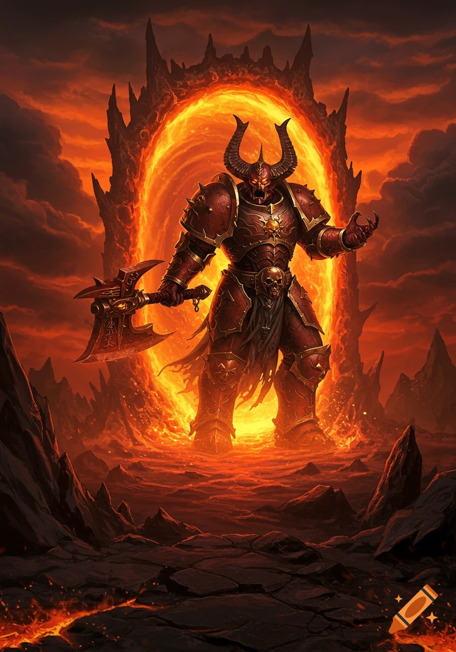A horned, armored demon warrior holding a large axe stands before a fiery orange portal in a hellish, volcanic landscape.