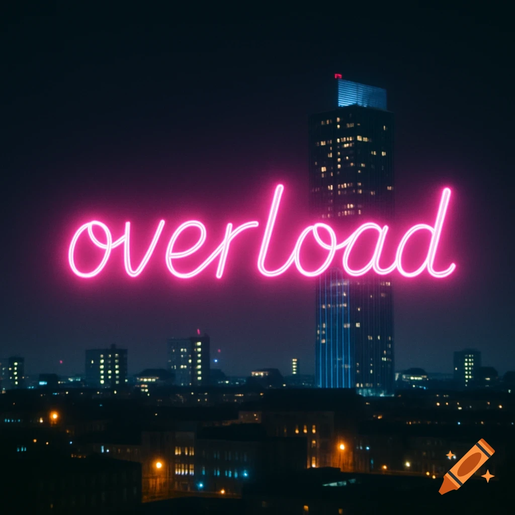 The word 'overload' in bright pink neon letters hovers over a dark cityscape with a tall illuminated building at night.