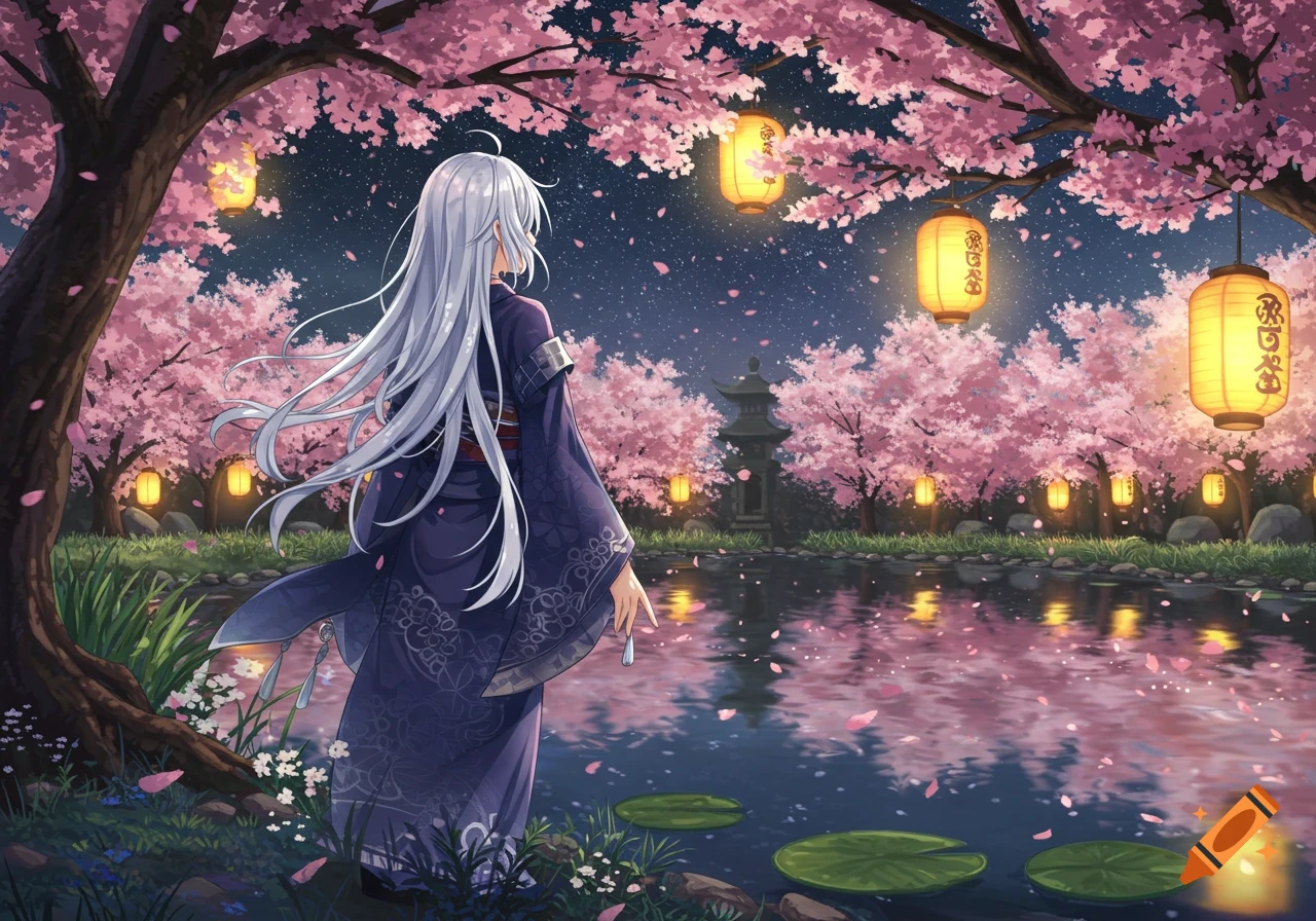 Anime girl in purple kimono by a moonlit pond, surrounded by pink cherry blossoms and glowing lanterns at night.