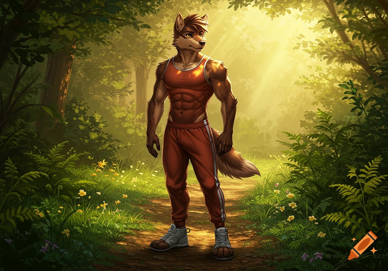 An anthropomorphic brown wolf with a fit build stands in red athletic wear on a sunlit forest path.