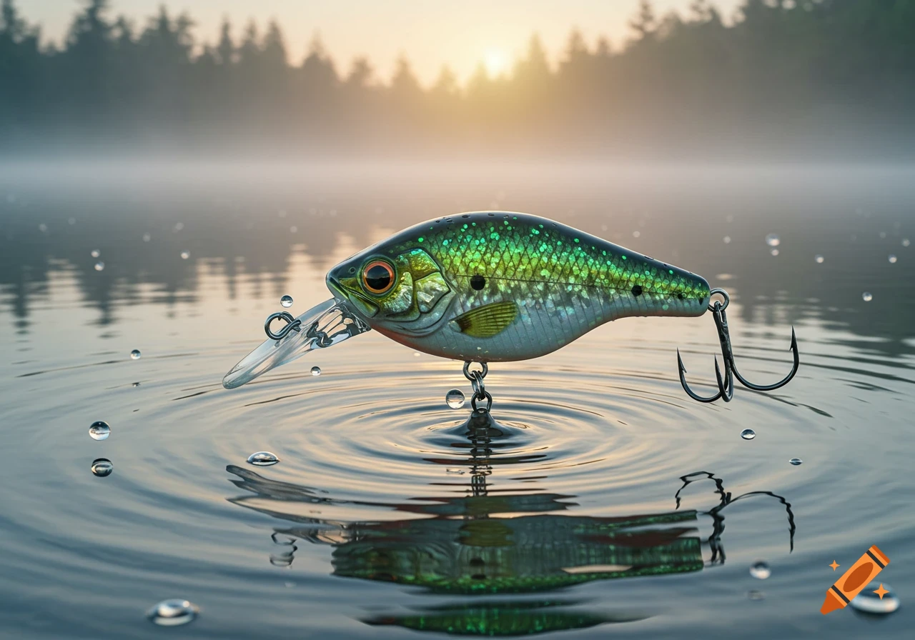 A photorealistic green and silver fishing lure partially submerged in water with ripples and droplets, against a misty lake and sunset.