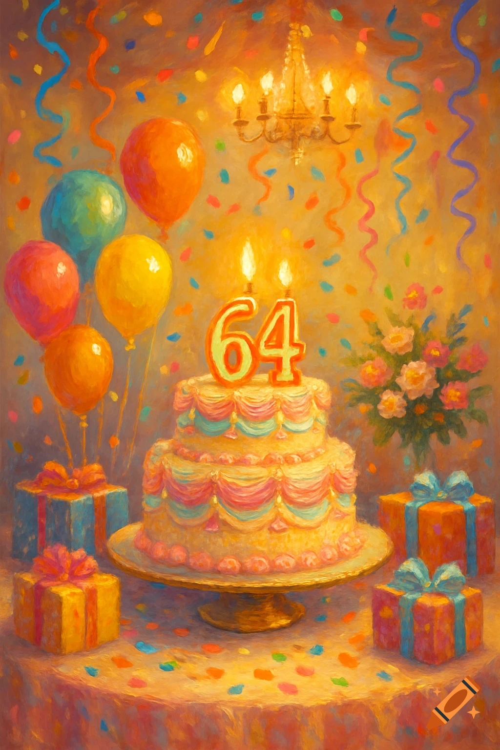 A vibrant, painterly scene of a birthday party with a tiered cake topped with '64' candles, colorful balloons, wrapped gifts, and falling confetti.