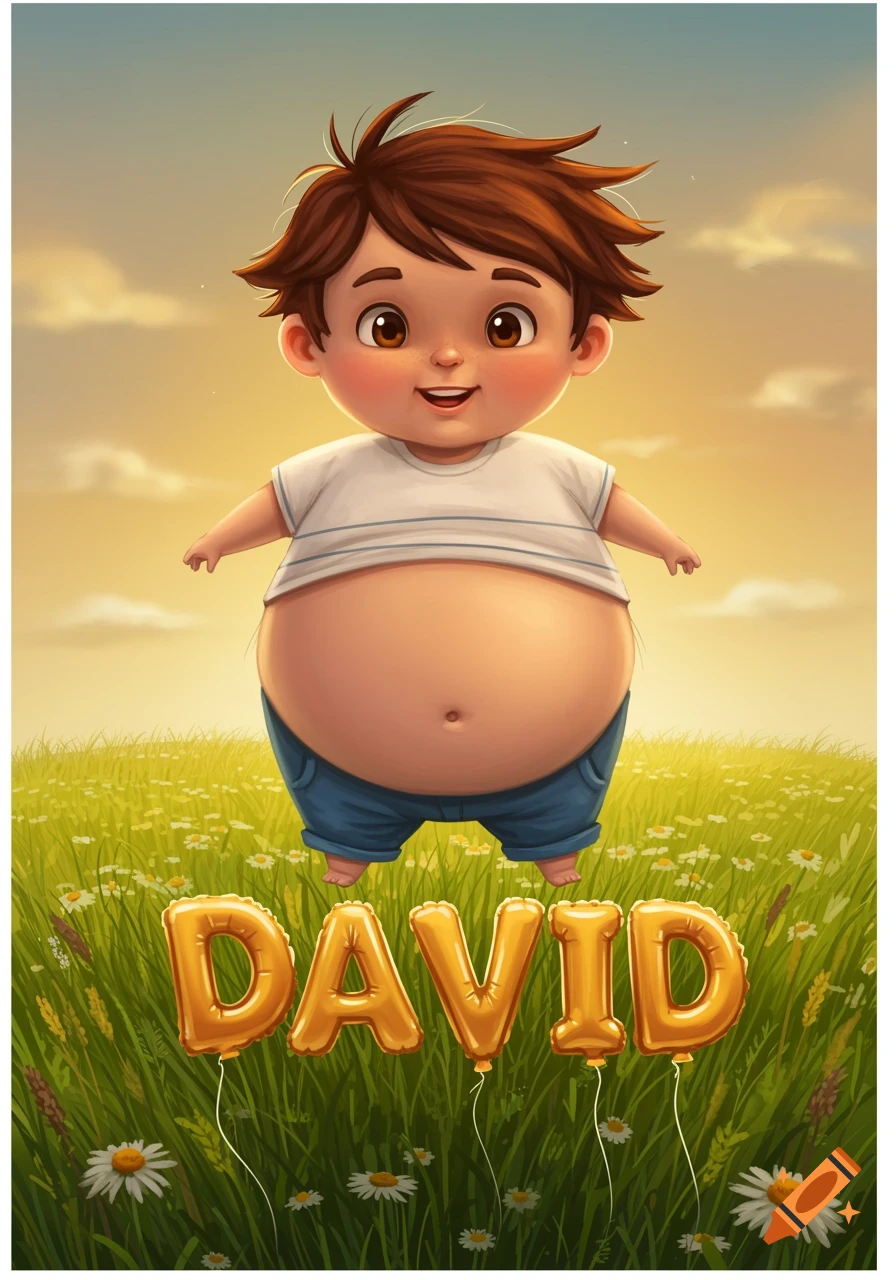 A plump, happy cartoon boy with brown hair stands in a green field with white flowers, above golden balloon letters spelling "DAVID".